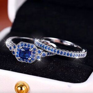 NEW 14k White Gold Blue Sapphire Diamond Ring Band Set of 2 Rings